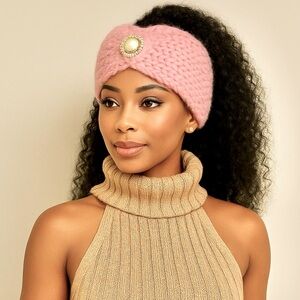 Pink Knitted Headband with Pearl Button – Winter Ear Warmer